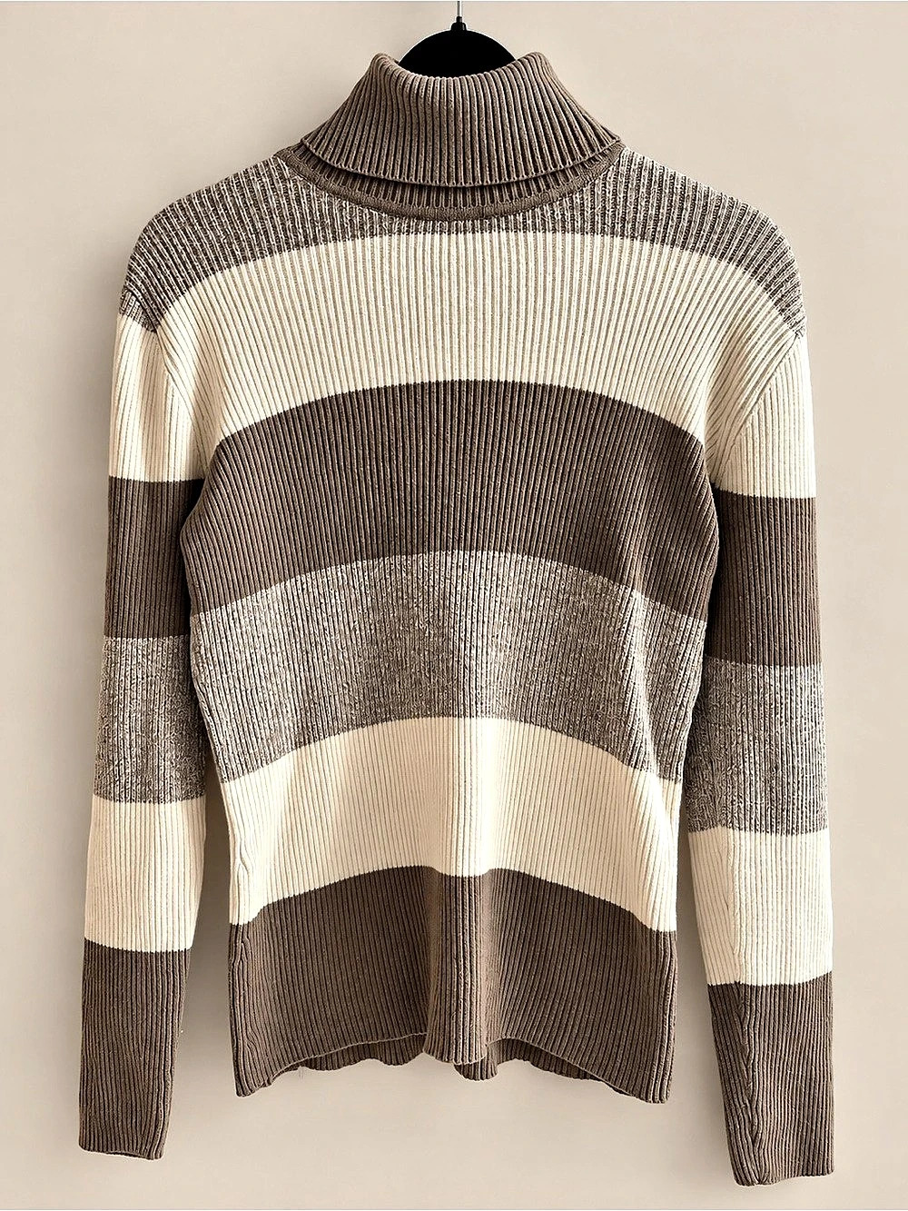 Liz & Co 100% Cotton Striped Turtleneck Sweater M Ribbed Neutral Old Money